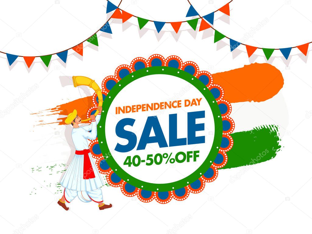 Independence Day Sale Poster Design with 40-50% Discount Offer, Man Blowing Tutari Horn, Saffron and Green Brush Stroke Effect on White Background.