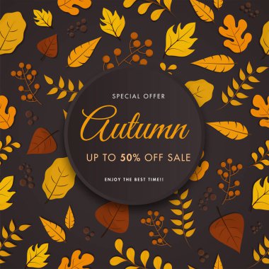 % 50 İndirim Teklif, Böğürtlen Dalları ve Koyu Kahverengi Arkaplan Üzerine Çeşitli Yapraklarla Sonbahar İndirim Posteri Tasarımı.