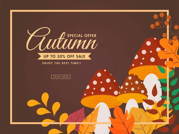 Design Cartaz Venda Outono Com Desconto Oferecer Folhas Coloridas Cogumelo — Vetor de Stock