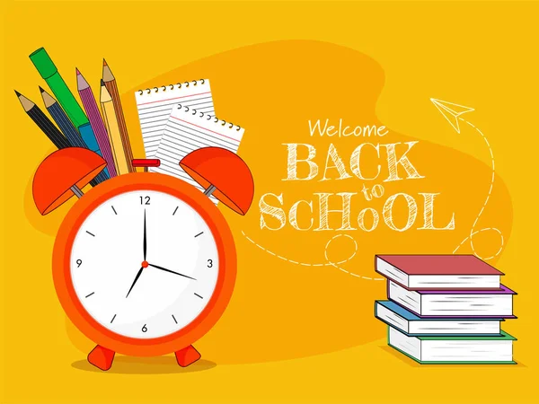 Ručně Psané Vítejte Zpět Školy Text Prvky Vzdělávání Oranžovém Pozadí — Stockový vektor