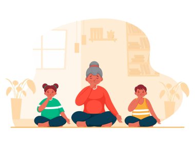 Çocuklarla Yoga Yapan Genç Kız 'ın Alternatif Burun Solunumu Evde Oturma Pozu Verme.