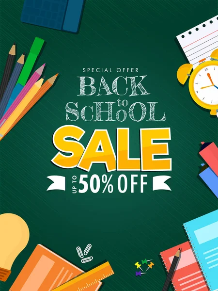 Back School Sale Poster Design Discount Offer Education Supplies Elements — 스톡 벡터
