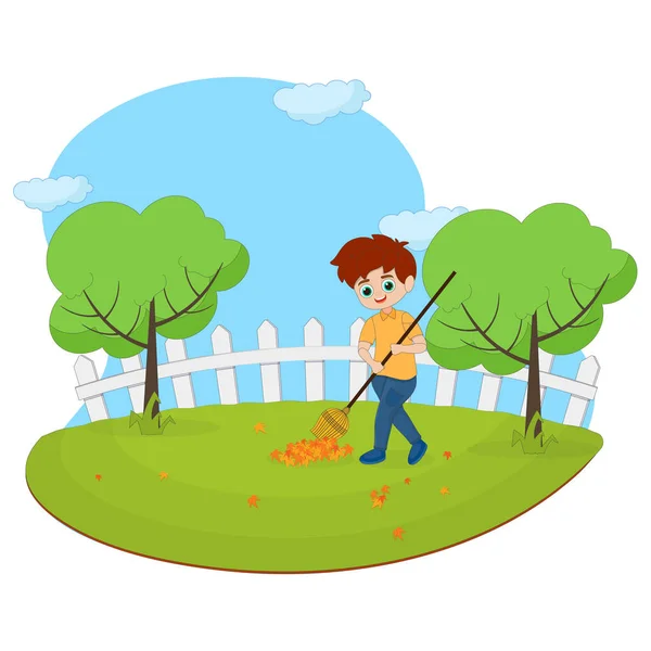 卡通男孩在花园或公园扫荡 — 图库矢量图片