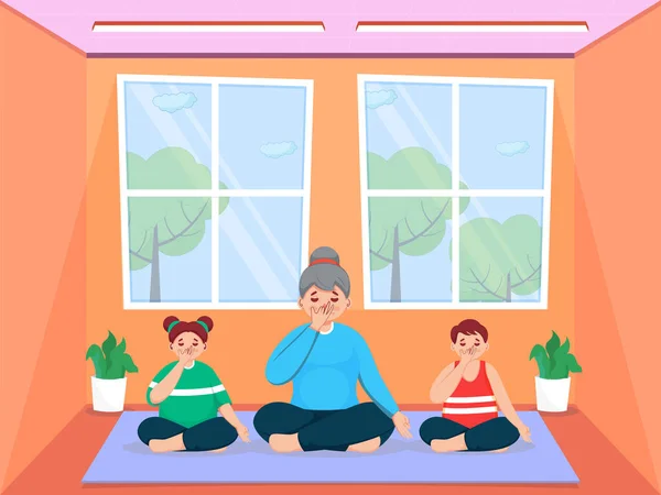 Personaje Dibujos Animados Niña Joven Con Niños Haciendo Yoga Respiración — Archivo Imágenes Vectoriales