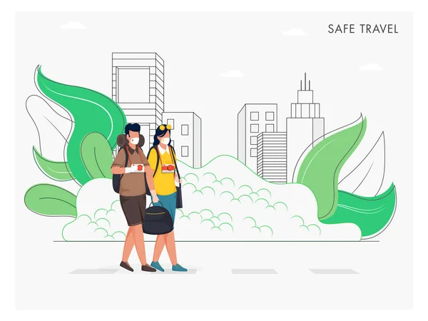 観光客の男性と女性は 安全な旅行のコンセプトのための白い背景をラインアートビルにバッグやカメラで保護マスクを着用 — ストックベクタ