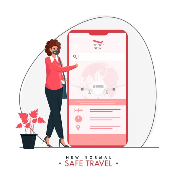 在智能电话网上订票的小女孩 在新的正常安全旅行的白色背景下戴着防护面罩 — 图库矢量图片