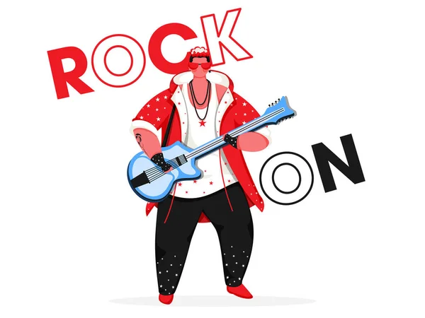 Rock Text Fiatal Férfi Gitározni Fehér Háttér — Stock Vector