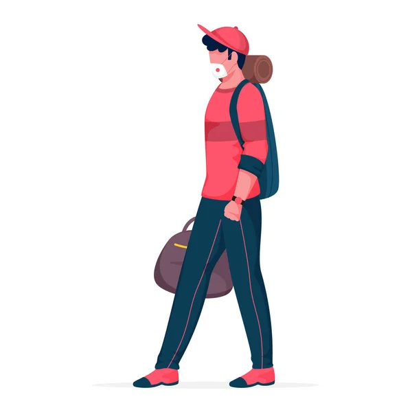 Cartoon Fiatal Fiú Visel Orvosi Maszk Holding Bags Walking Pose — Stock Vector