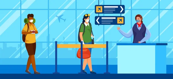 Para Wisatawan Mengenakan Topeng Pelindung Karakter Depan Penerimaan Bandara Bertentangan - Stok Vektor