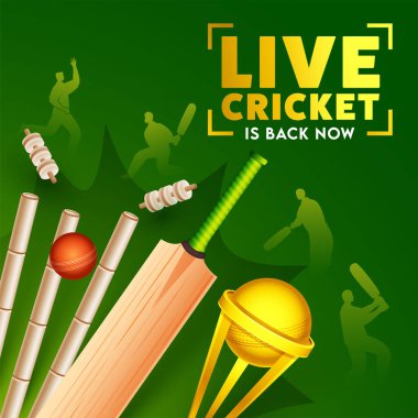 Canlı Kriket Geri Döndü Poster Tasarımı: Yeşil Siluet Oyuncuları Arkaplanında Gerçekçi Yarasa, Top Kaleye Vuruyor.