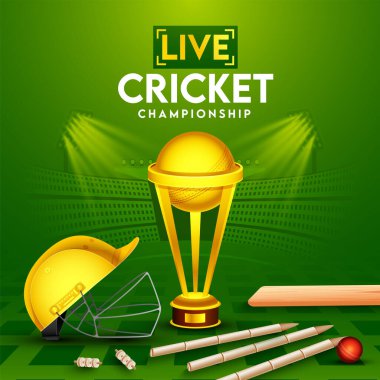 Canlı Kriket Şampiyonası Poster Tasarımı Gerçekçi Kırmızı Top, Bat, Wickets, Miğfer ve Altın Kupa Kupası Yeşil Stadyum Arkaplan Görünümü.