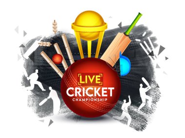 Gerçekçi Top Yarasa, Miğfer ve Altın Kupa ile Wickets 'a Vuruyor Siyah Fırça Vuruşu Etkisi Kriket Şampiyonası için Oyun Sahası.