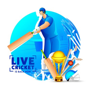 Soyut Mavi Stadyum Arkaplanı: Batsman Oyuncusu ve Canlı Kriket Altın Kupa Geri Döndü.