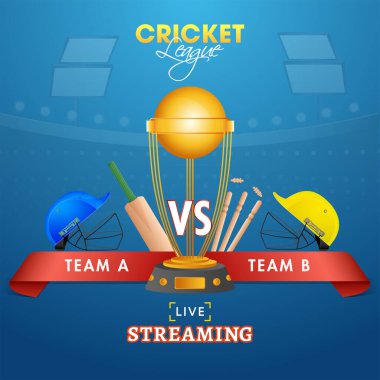 Canlı Kriket Ligi Akıcı Poster Tasarımı Altın Kupa ve Katılımcıların Kaskları Mavi Arkaplan A & B Takımı.