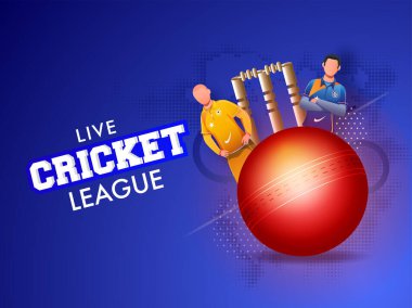 Cricket League Poster Tasarımı: Gerçekçi Kırmızı Top, Wicket Stumps ve Meçhul Oyuncular Mavi Yarıton Efekti Üzerinde Farklı Giyimde.