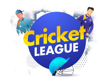 Kriket Ligi Poster Tasarımı Çizgi Film Oyuncuları Karakteri ve Mavi Miğfer Beyaz Ses Efekti Arkaplan Efekti.