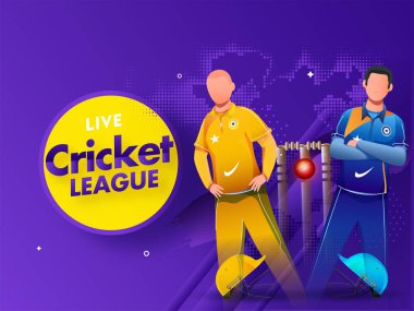 Mavi ve Sarı Giysili Yüzsüz Kriketçiler Kırmızı Top ve Wicket Stumps Canlı Kriket Ligi için Mor Yarıtonda.