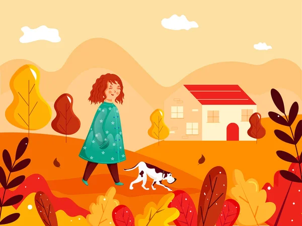 Menina Bonito Andando Com Personagem Cachorro Frente Casa Fundo Colorido —  Vetores de Stock