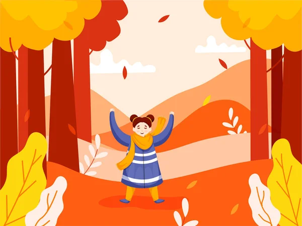 Character Cheerful Girl Raising Hands Nature View Garden Background — Stock Vector