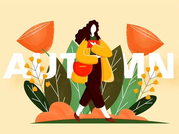 Cartoon Young Woman Holding Book Com Bolsa Flores Folhas Decoradas — Vetor de Stock