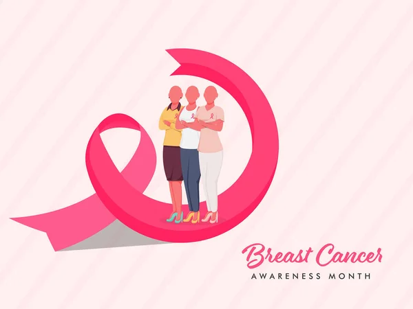 乳がん啓発月間のコンセプトのためのストリップパターンの背景にピンクリボンを持つ顔のない大胆な若い女性グループ — ストックベクタ