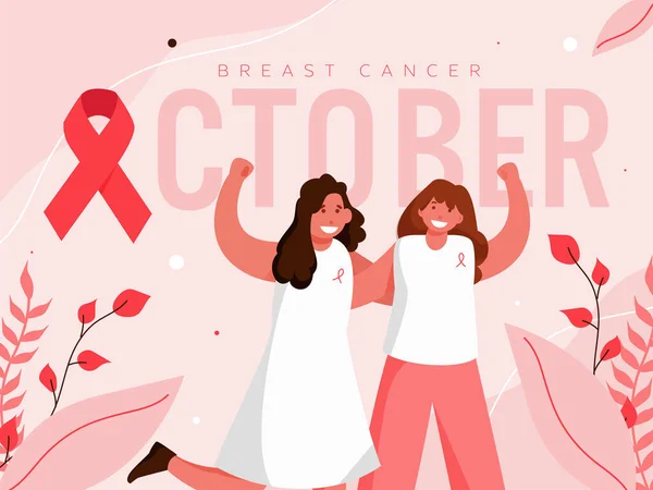 Breast Cancer October Text Red Ribbon Cheerful Fighter Young Girls — Stock Vector