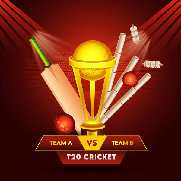 Realistic Cricket Equipment Golden Trophy Cup Participate Team Brown Red — стоковий вектор