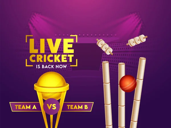 Live Cricket Back Now Text Red Ball Bitting Wickets Golden — Stockový vektor