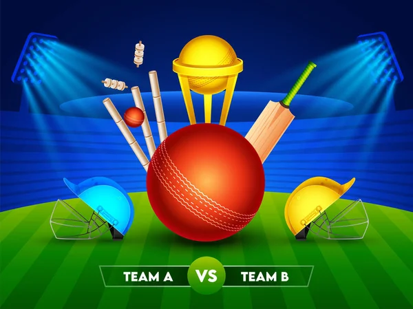 Realistisk Cricketutrustning Med Golden Trophy Cup Och Två Hjälm Deltagare — Stock vektor