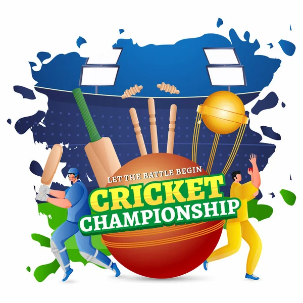 Cricket Championship Text Sticker Stil Mit Pokal Batsman Und Bowler — Stockvektor