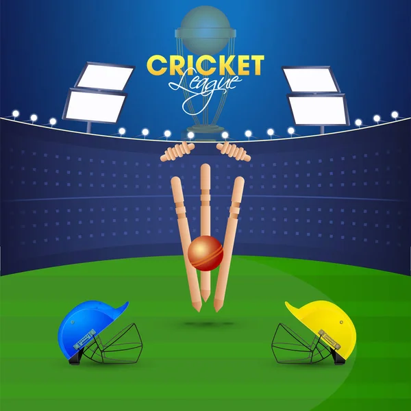 参加チームの青と黄色のヘルメット 球技場にボールを打つウィケットスタンプ クリケットリーグの背景 — ストックベクタ