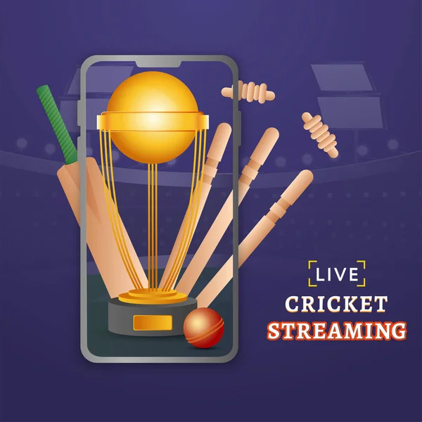 Live Cricket Streaming Smartphone Realistic Bat Ball Wicket Stumps Golden — Stock Vector