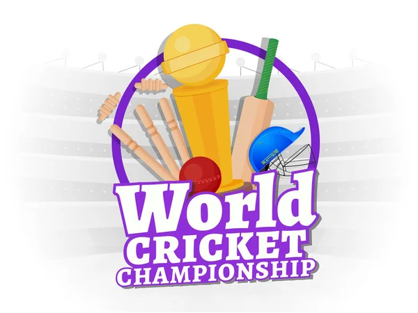 Sticker Style World Cricket Championship Testo Con Coppa Trofeo Attrezzature — Vettoriale Stock