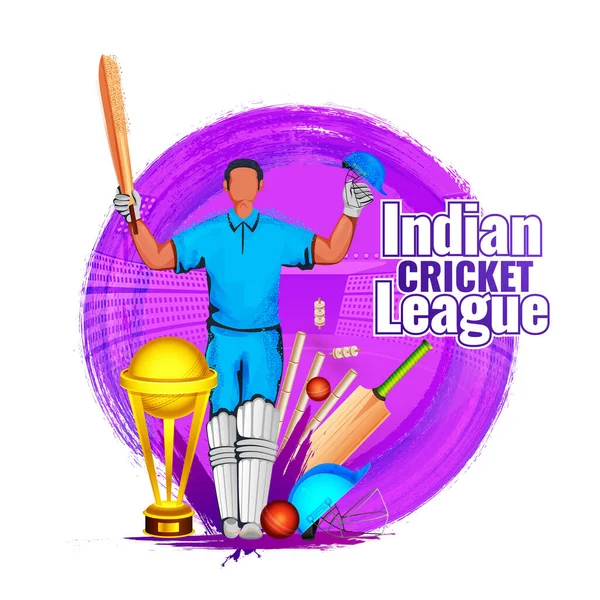 Hindistan Kriket Ligi Metni Kimliksiz Vurucu Karakteriyle Galibiyet Pozu, Altın Kupa ve Beyaz Arkaplan Üzerindeki Mor Fırça Darbesi Etkisi.