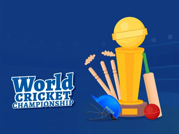 World Cricket Championship Poster Design Con Bat Ball Casco Wickets — Vettoriale Stock