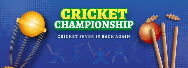 Altın Kupa Kupasıyla Kriket Şampiyonası Metni Mavi Yarıton Efekti Arkaplanında — Stok Vektör