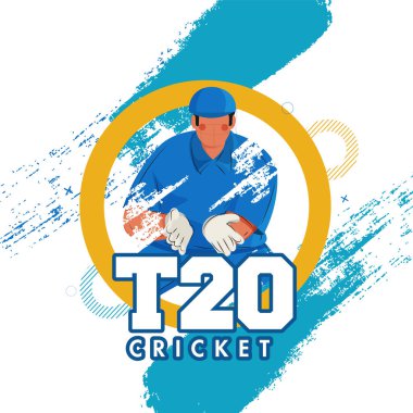 T20 Kriket Posteri Tasarımı Çizgi film Wicket Keeper in Catch Poose ve Mavi Fırça Vuruşu Efekti.