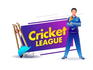 Kriket Ligi Poster Tasarımı: Gerçekçi Miğfer, Topa Vurma Büyücüleri ve Beyaz Arkaplanda Oyuncu Karakteri.