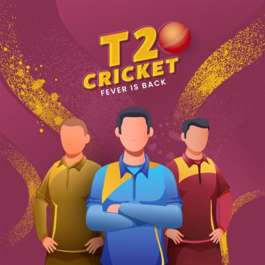 T20 Kriket Ateşi Geri Döndü Kırmızı Top ve Yüzsüz Kriket Karakteri Pembe ve Sarı Gürültü Fırça Efekti Arkaplan Efekti.