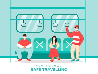 Trende tıbbi maske takan insanlar Coronavirüs 'ten uzak durmak için sosyal mesafeyi koruyorlar. Yeni Normal Güvenli Seyahat Konsepti.