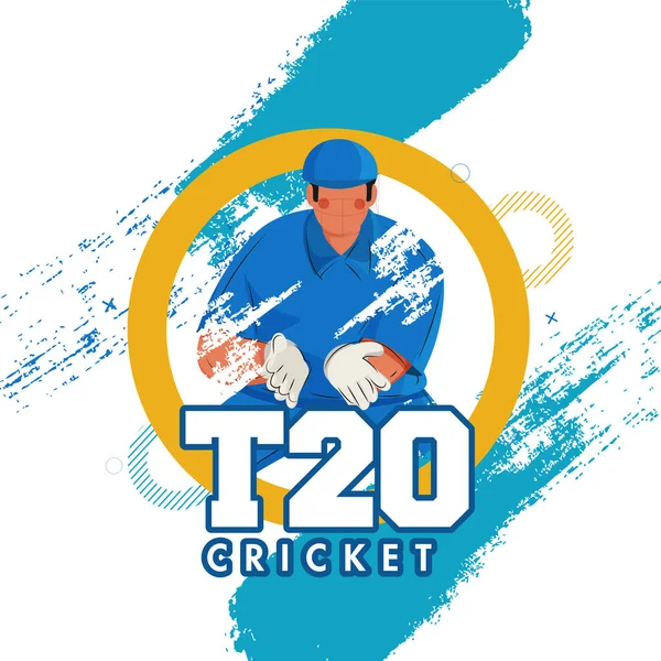 T20 Kriket Posteri Tasarımı Çizgi film Wicket Keeper in Catch Poose ve Mavi Fırça Vuruşu Efekti.