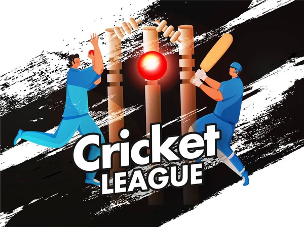 Çizgi film Vurucu ve Bowlingci Kriket Ligi için Siyah Fırça Vuruşuyla Poz Veriyor.