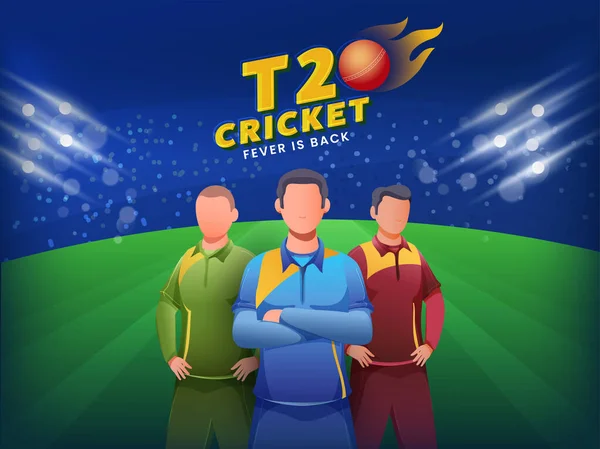 Faceless Cricketers Player Different Attire Green Blue Lights Effect Background — 스톡 벡터