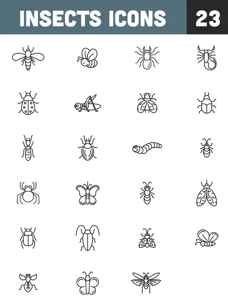 Svart Linje Konst Insekt Ikoner Vit Bakgrund — Stock vektor