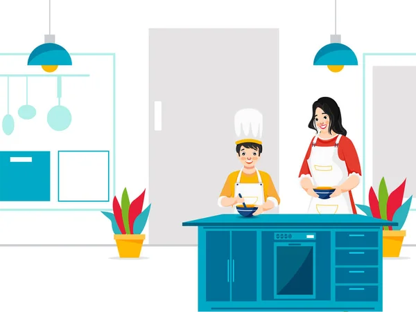 Μητέρα Βοηθάει Τον Γιο Της Μαγειρέψει Στην Κουζίνα Στο Σπίτι — Διανυσματικό Αρχείο