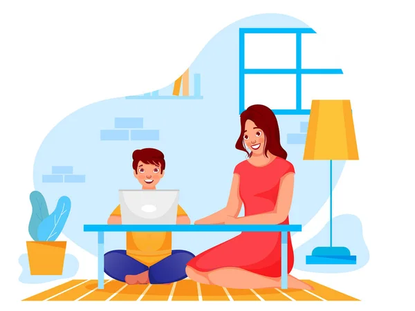 Cute Boy Reading Online Laptop His Mother Home Avoid Coronavirus — Stock Vector