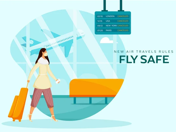 새로운 Fly Safe Based Poster Design Young Tourist Woman Airport — 스톡 벡터