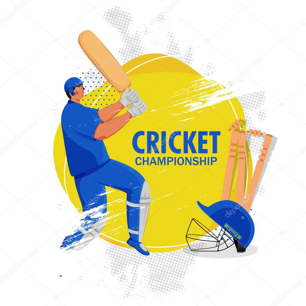 Cartoon Batsman Character in Playing Pose with Brush Stroke Effect and Wicket Stumps on White Halftone Background for Cricket Championship.