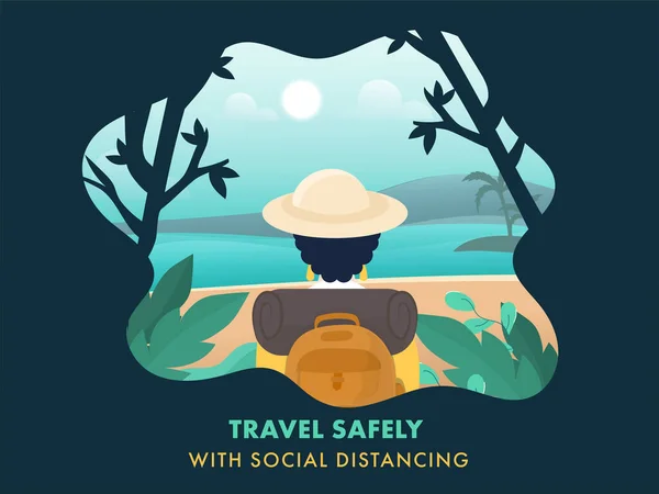 Viaja Con Seguridad Con Diseño Póster Basado Concepto Distanciamiento Social — Vector de stock