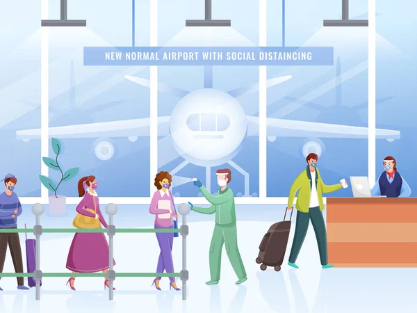 Kontrollera Kroppstemperatur Innan Går Flygplatsen Med Sanitize Resenärer Bibehåll Socialt — Stock vektor